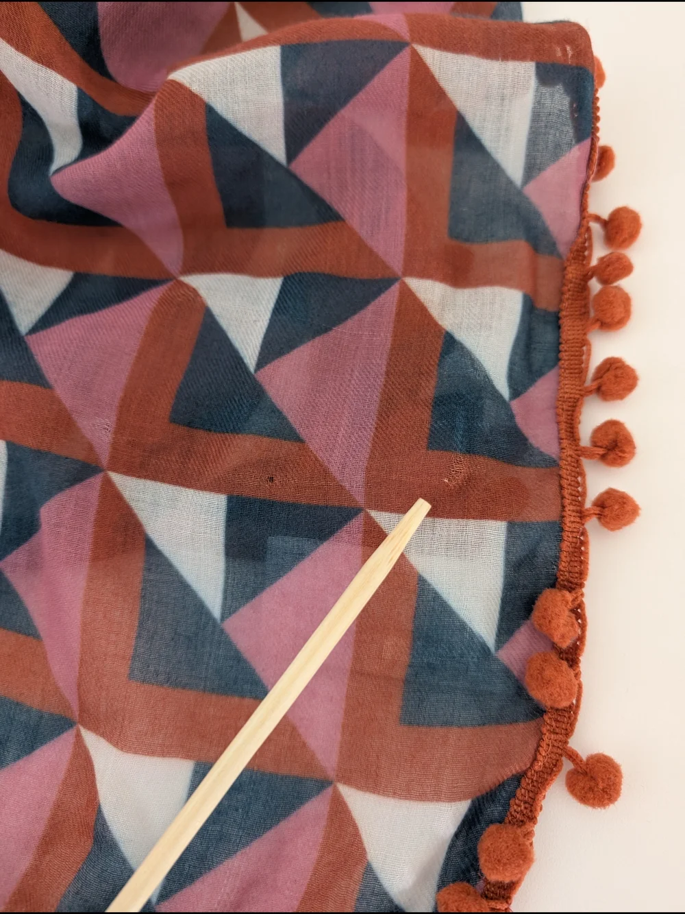 Prana Scarf Geometric Block Print Pom-Pom Trim Oversized 68